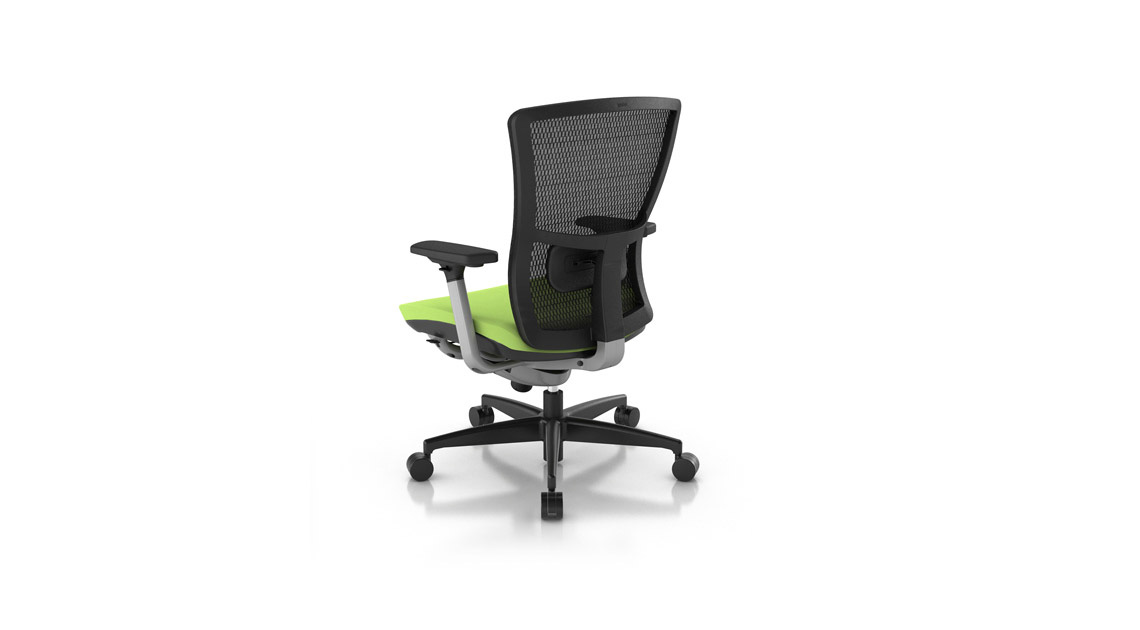 Back view of a medium back Soul office chair in black mesh back and green seat.